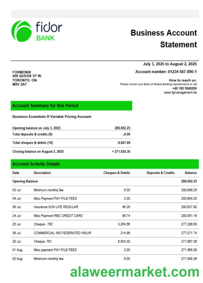 Fidor bank business firm account statement Word snd PDF format